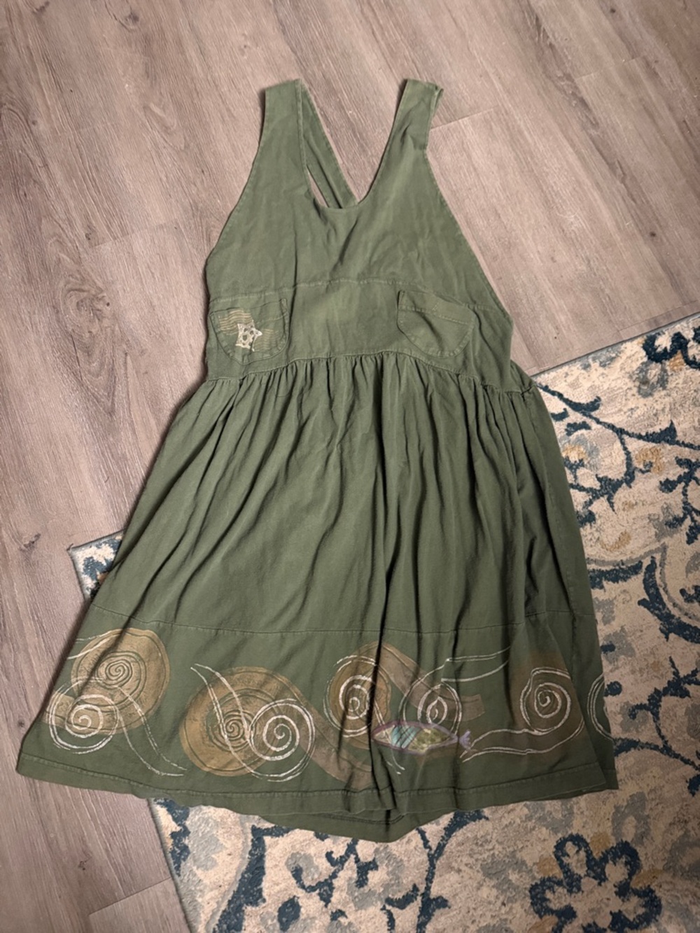 Vintage Blue Fish Olive Green Tadpole Jumper with 2 Pockets